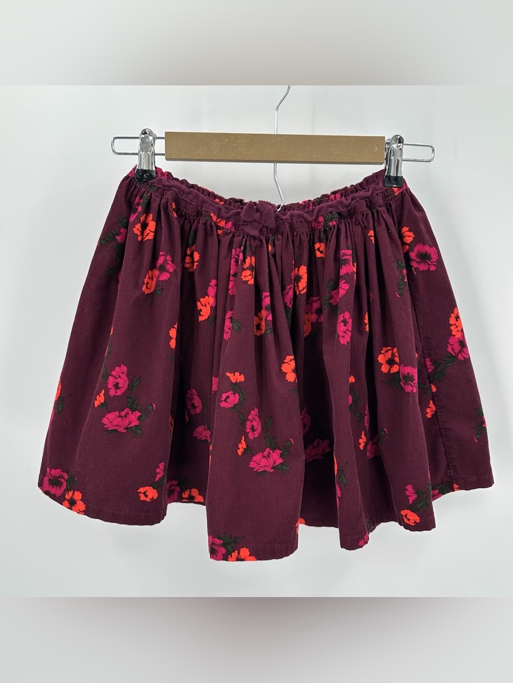 LANDS END Skirt Girls Size M 10/12 Corduroy Floral Burgundy Pull On Elastic Bow